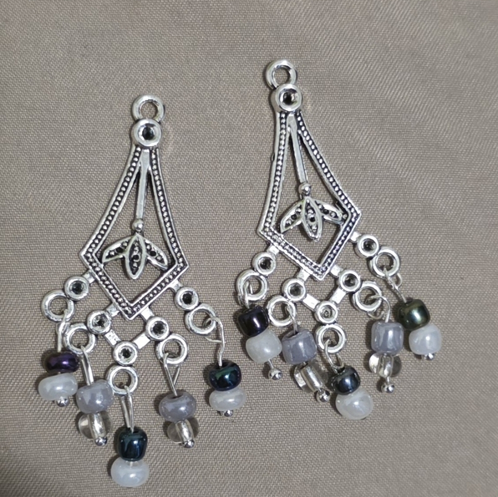 2 For $25 Silver-Tone Chandelier Beaded Drop Earrings - White & Iridescent